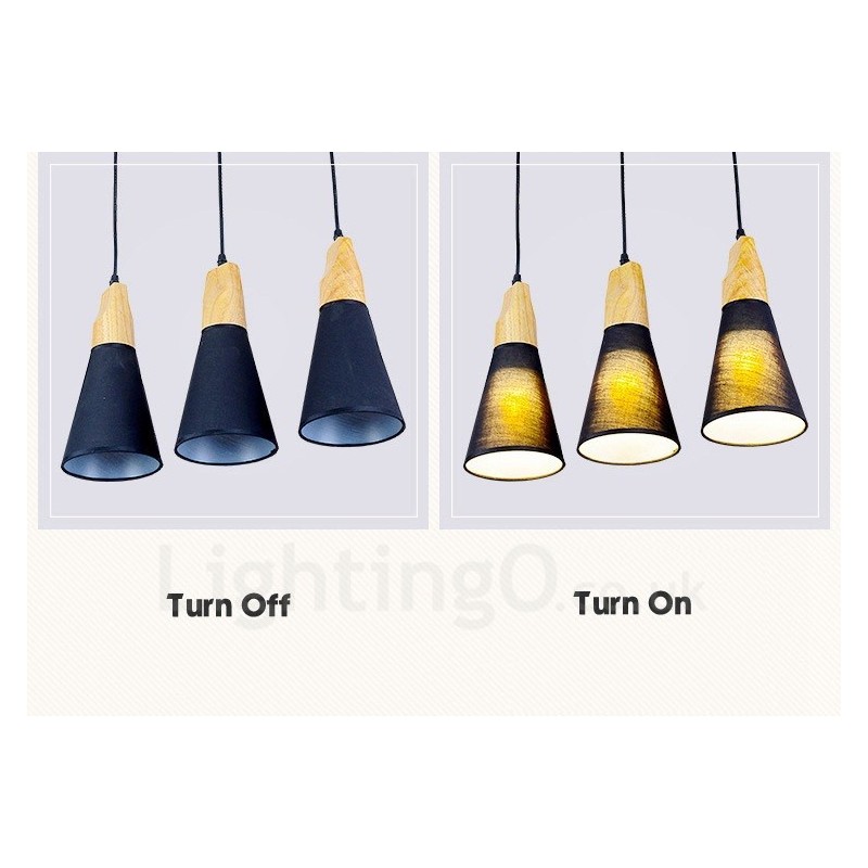Suspension contemporaine moderne en bois à 3 lampes avec abat-jour en tissu
