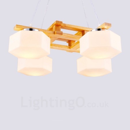 Suspension moderne contemporaine en bois à 4 lumières de style nordique avec abat-jour en verre Suspension moderne contemporaine en bois à 4 lumières de style nordique avec abat-jour en verre