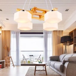 Suspension moderne contemporaine en bois à 4 lumières de style nordique avec abat-jour en verre