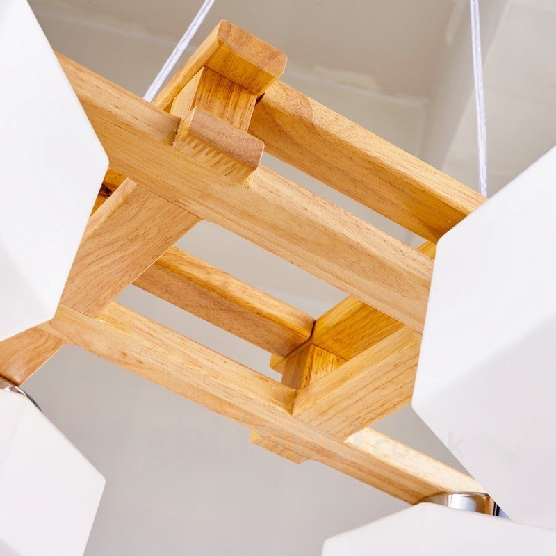 Suspension moderne contemporaine en bois à 4 lumières de style nordique avec abat-jour en verre