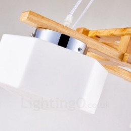 Suspension moderne contemporaine en bois à 4 lumières de style nordique avec abat-jour en verre