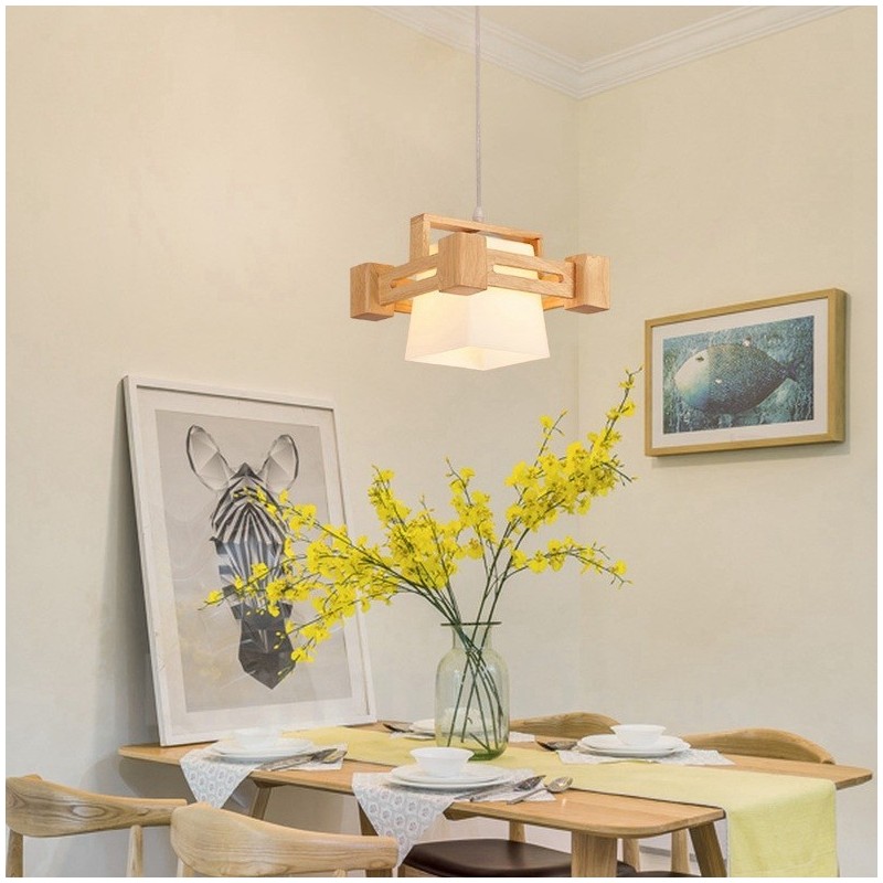 Suspension 1 lumière en bois de style nordique moderne et contemporain avec abat-jour en tissu