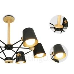 Suspension moderne contemporaine en bois à 6 lampes de style nordique avec abat-jour en fer