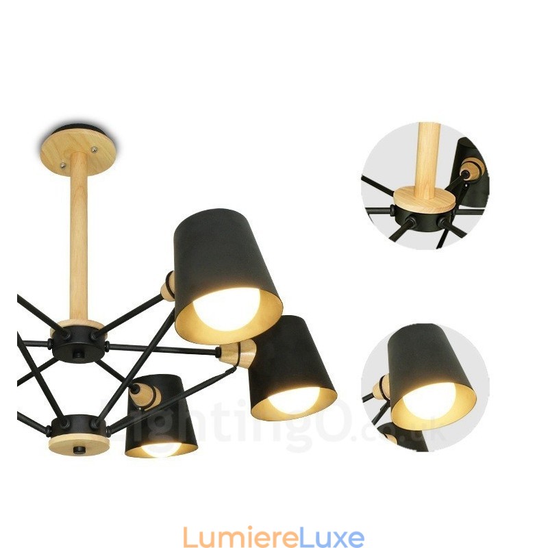 Suspension moderne contemporaine en bois à 6 lampes de style nordique avec abat-jour en fer
