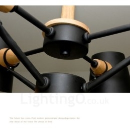 Suspension moderne contemporaine en bois à 6 lampes de style nordique avec abat-jour en fer
