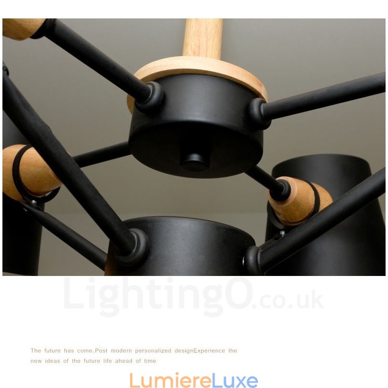 Suspension moderne contemporaine en bois à 6 lampes de style nordique avec abat-jour en fer