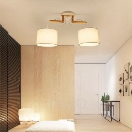 Suspension contemporaine moderne en bois à 2 lampes avec abat-jour en tissu