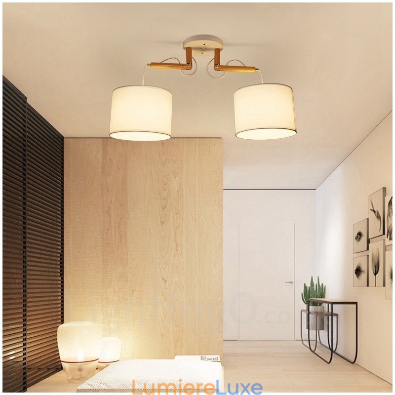 Suspension contemporaine moderne en bois à 2 lampes avec abat-jour en tissu