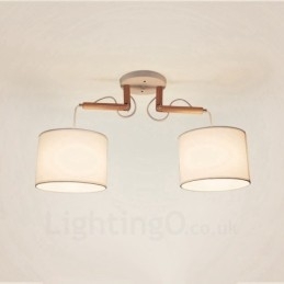 Suspension contemporaine moderne en bois à 2 lampes avec abat-jour en tissu