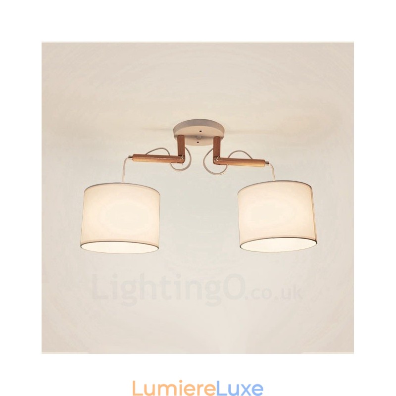 Suspension contemporaine moderne en bois à 2 lampes avec abat-jour en tissu