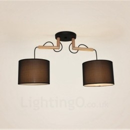 Suspension contemporaine moderne en bois à 2 lampes avec abat-jour en tissu