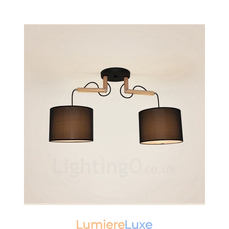 Suspension contemporaine moderne en bois à 2 lampes avec abat-jour en tissu