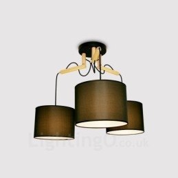 Suspension contemporaine moderne en bois à 3 lampes avec abat-jour en tissu