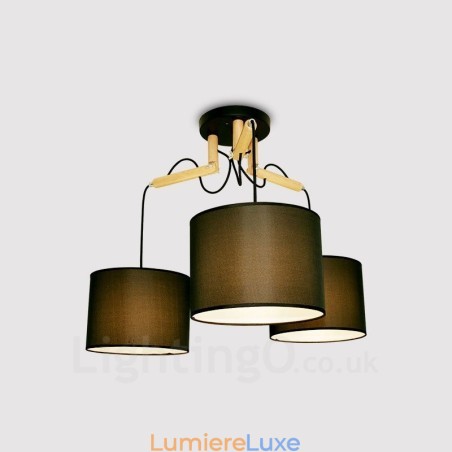 Suspension contemporaine moderne en bois à 3 lampes avec abat-jour en tissu Suspension contemporaine moderne en bois à 3 lampes avec abat-jour en tissu