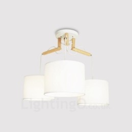 Suspension contemporaine moderne en bois à 3 lampes avec abat-jour en tissu