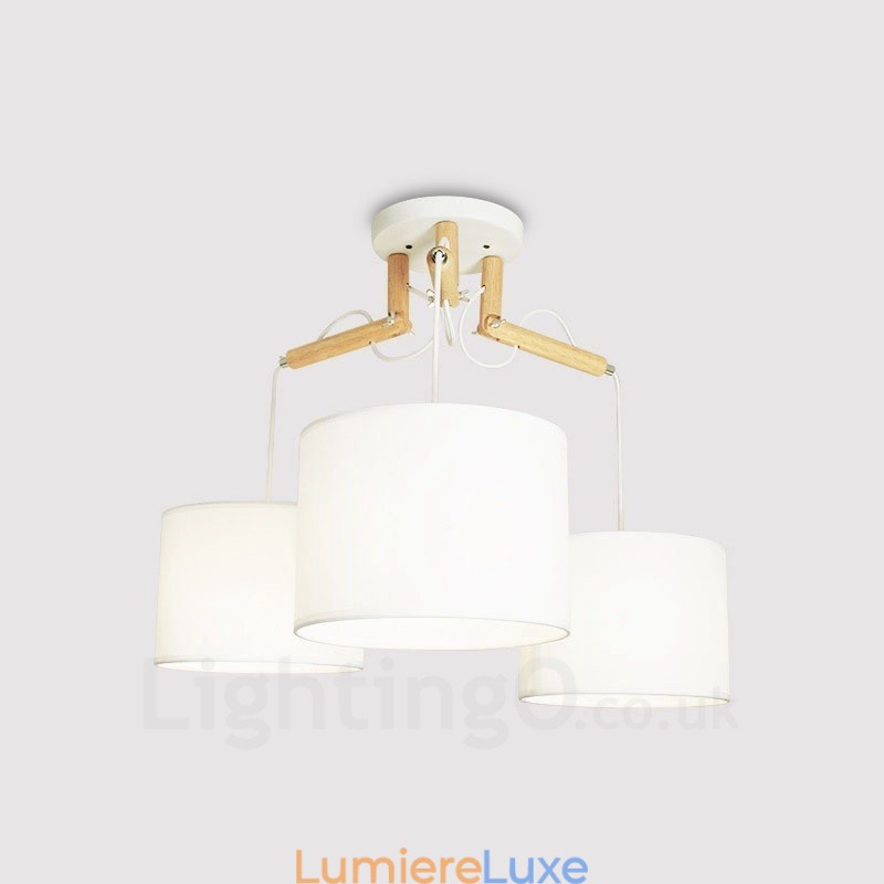 Suspension contemporaine moderne en bois à 3 lampes avec abat-jour en tissu
