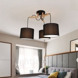 Suspension contemporaine moderne en bois à 3 lampes avec abat-jour en tissu
