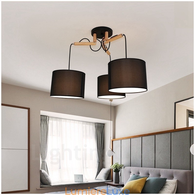 Suspension contemporaine moderne en bois à 3 lampes avec abat-jour en tissu
