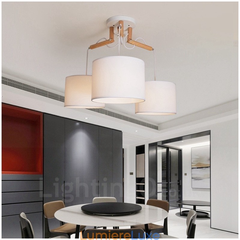 Suspension contemporaine moderne en bois à 3 lampes avec abat-jour en tissu