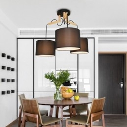 Suspension contemporaine moderne en bois à 3 lampes avec abat-jour en tissu