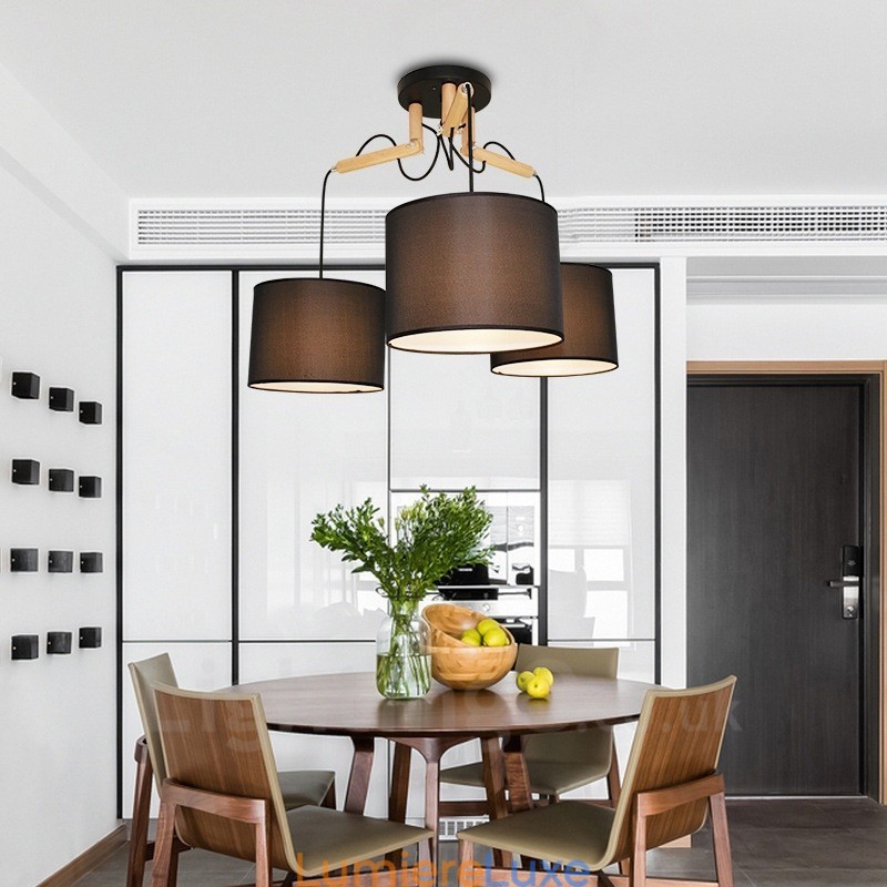 Suspension contemporaine moderne en bois à 3 lampes avec abat-jour en tissu