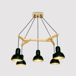 Suspension contemporaine moderne en bois à 5 lumières avec abat-jour en fer