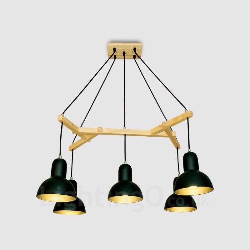 Suspension contemporaine moderne en bois à 5 lumières avec abat-jour en fer