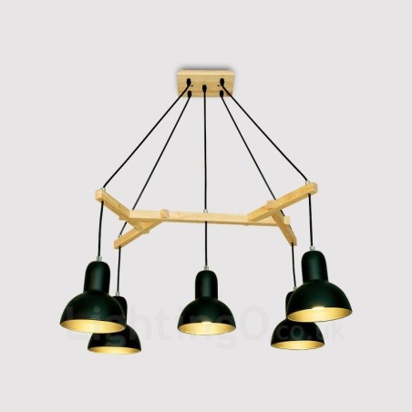 Suspension contemporaine moderne en bois à 5 lumières avec abat-jour en fer Suspension contemporaine moderne en bois à 5 lumières avec abat-jour en fer