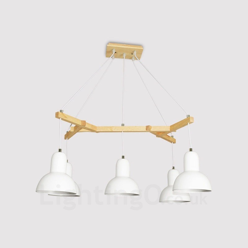 Suspension contemporaine moderne en bois à 5 lumières avec abat-jour en fer