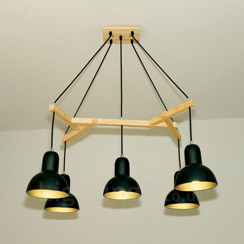Suspension contemporaine moderne en bois à 5 lumières avec abat-jour en fer