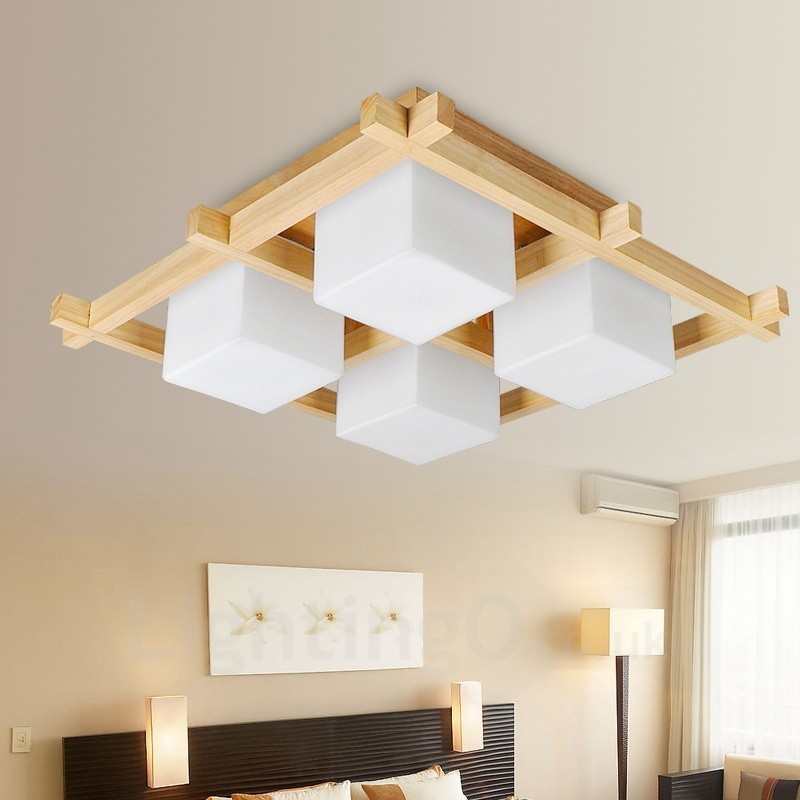 Plafonnier encastré de style nordique contemporain moderne à 4 lumières avec abat-jour en verre