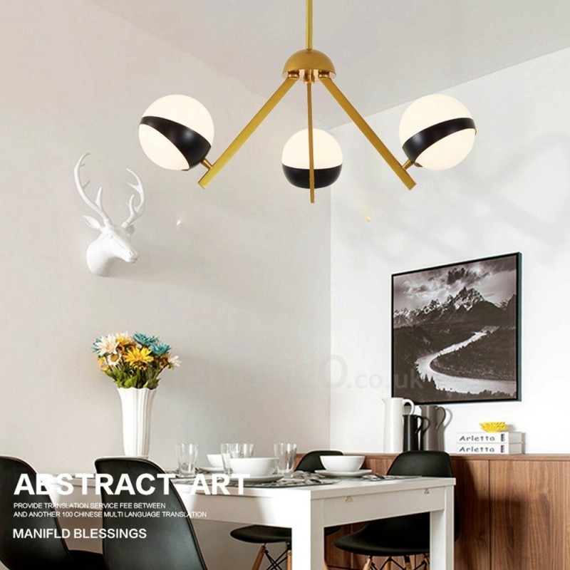 Plafonnier moderne contemporain à 3 lumières de style nordique avec abat-jour en verre noir et blanc