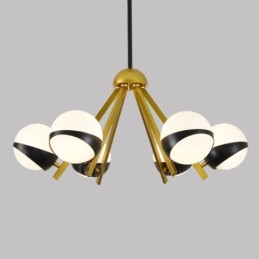 Lustre de style nordique contemporain moderne à 6 lumières avec abat-jour en verre boule noir et blanc