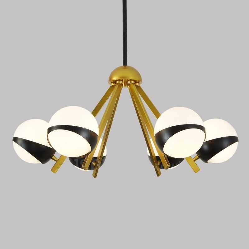 Lustre de style nordique contemporain moderne à 6 lumières avec abat-jour en verre boule noir et blanc