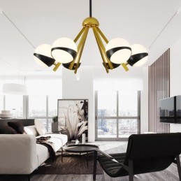 Lustre de style nordique contemporain moderne à 6 lumières avec abat-jour en verre boule noir et blanc