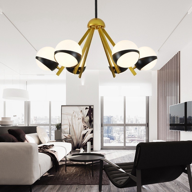 Lustre de style nordique contemporain moderne à 6 lumières avec abat-jour en verre boule noir et blanc