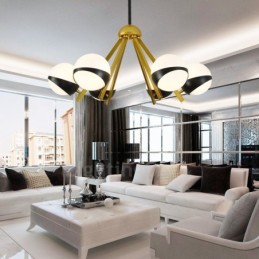 Lustre de style nordique contemporain moderne à 6 lumières avec abat-jour en verre boule noir et blanc