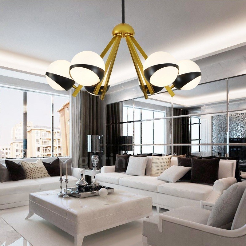 Lustre de style nordique contemporain moderne à 6 lumières avec abat-jour en verre boule noir et blanc