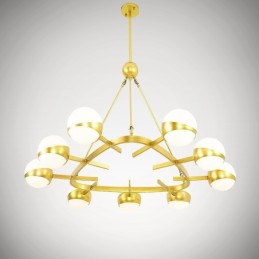 Plafonnier moderne contemporain à 9 lumières de style nordique, lustre en cuivre plaqué avec abat-jour en verre boule doré et blanc