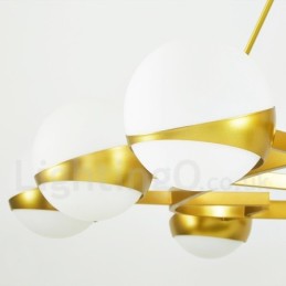 Plafonnier moderne contemporain à 9 lumières de style nordique, lustre en cuivre plaqué avec abat-jour en verre boule doré et blanc