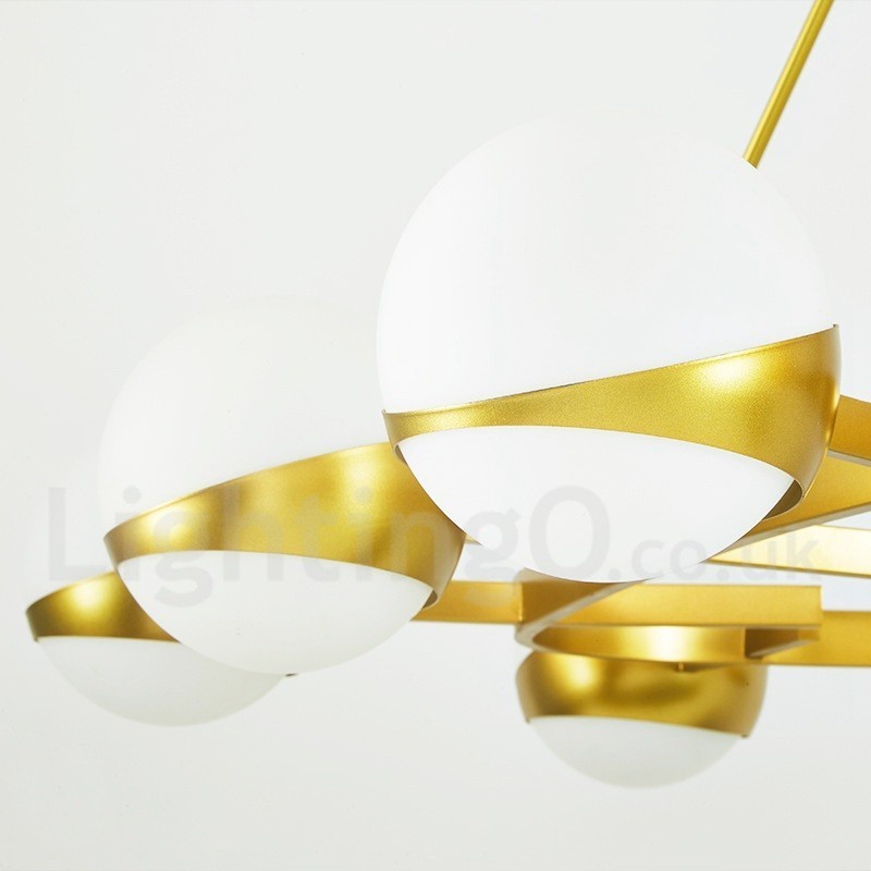 Plafonnier moderne contemporain à 9 lumières de style nordique, lustre en cuivre plaqué avec abat-jour en verre boule doré et blanc