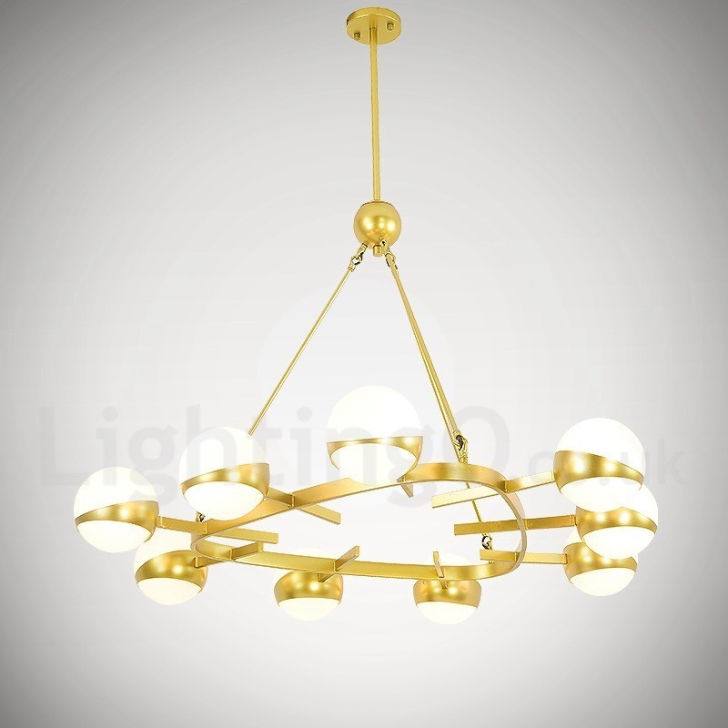 Plafonnier moderne contemporain à 9 lumières de style nordique, lustre en cuivre plaqué avec abat-jour en verre boule doré et blanc