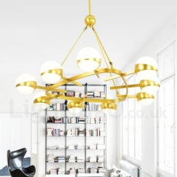 Plafonnier moderne contemporain à 9 lumières de style nordique, lustre en cuivre plaqué avec abat-jour en verre boule doré et blanc
