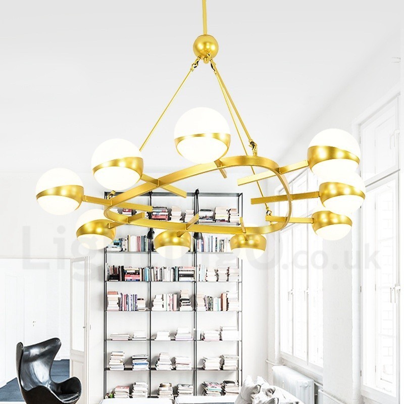 Plafonnier moderne contemporain à 9 lumières de style nordique, lustre en cuivre plaqué avec abat-jour en verre boule doré et blanc