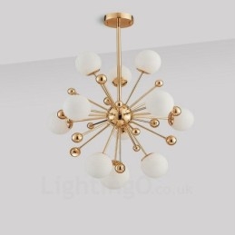 Plafonnier contemporain moderne à 11 lampes, plaqué cuivre, avec abat-jour en verre blanc