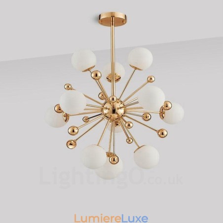 Plafonnier contemporain moderne à 11 lampes, plaqué cuivre, avec abat-jour en verre blanc Plafonnier contemporain moderne à 11 lampes, plaqué cuivre, avec abat-jour en verre blanc