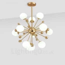 Plafonnier contemporain moderne à 11 lampes, plaqué cuivre, avec abat-jour en verre blanc