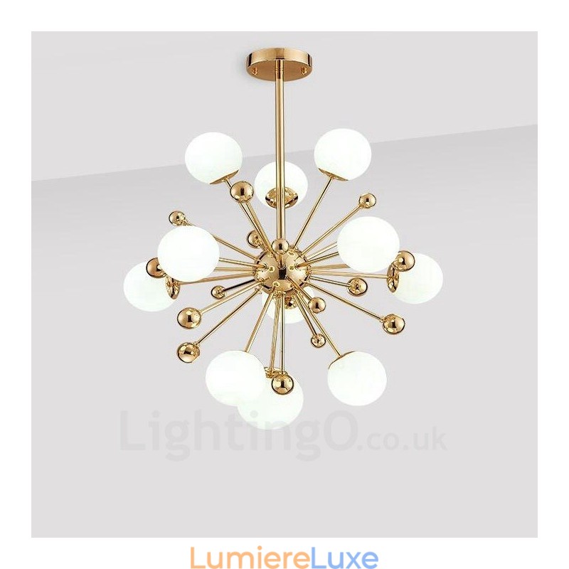 Plafonnier contemporain moderne à 11 lampes, plaqué cuivre, avec abat-jour en verre blanc