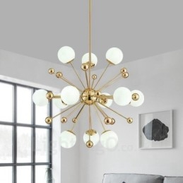Plafonnier contemporain moderne à 12 lampes, plaqué cuivre, avec abat-jour en verre blanc