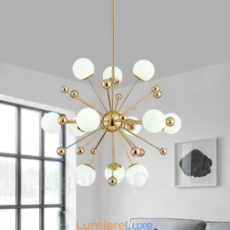 Plafonnier contemporain moderne à 12 lampes, plaqué cuivre, avec abat-jour en verre blanc Plafonnier contemporain moderne à 12 lampes, plaqué cuivre, avec abat-jour en verre blanc